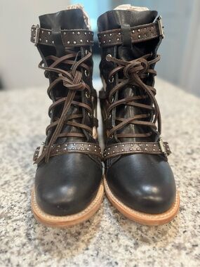 NEW FREEBIRD CHEYENNE Black Leather Ankle Boots with Brown Straps